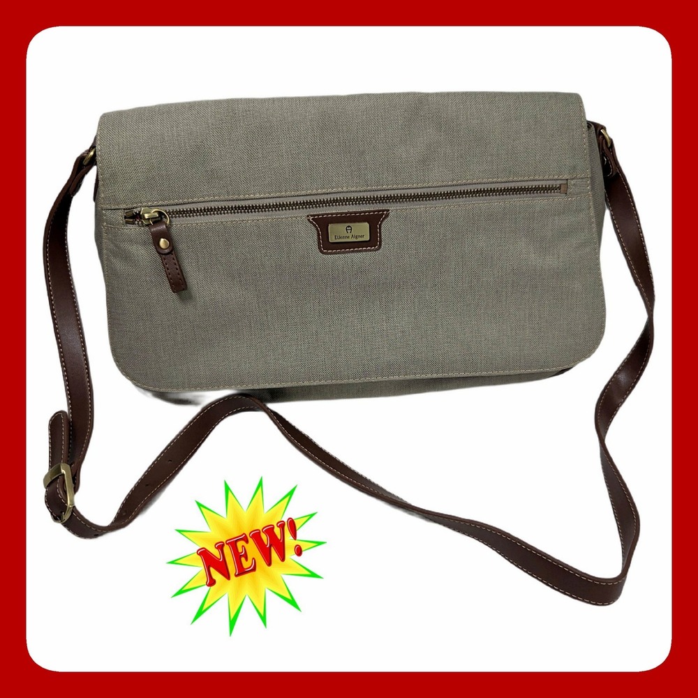 Etienne Aigner Canvas Leather Messenger Bag Medium Brown Crossbody Flap Purse